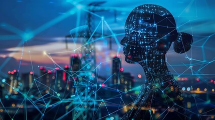 Digital woman silhouette is shown in front of a city at night. The image is very abstract, the concept revolves around technology and intelligence
