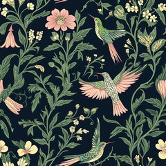 A seamless pattern of pink and green hummingbirds flying amongst stylized floral branches and blossoms against a dark background.