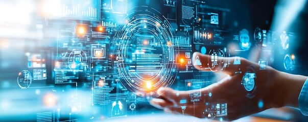 A futuristic hand interacting with digital data and holographic elements.