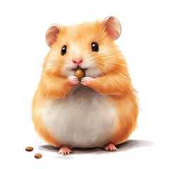 A cute hamster holding a small food item, showcasing its fluffy fur and round shape.
