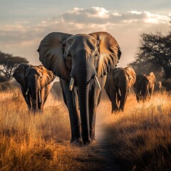 Fototapeta premium A herd of elephants walking in the savanna during golden hour.