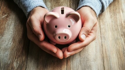 37.Concepts of saving money and financial planning. Man hand holding piggy bank on wood table, income, return, retirement, compensation fund, investment, dividend tax, stock market:
