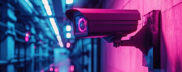 Surveillance camera capturing urban nightlife cityscape security footage neon lights modern technology cctv innovations