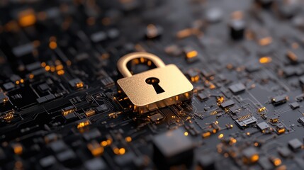 A glowing padlock icon stands out in a complex cyber landscape, symbolizing security within a futuristic digital environment.