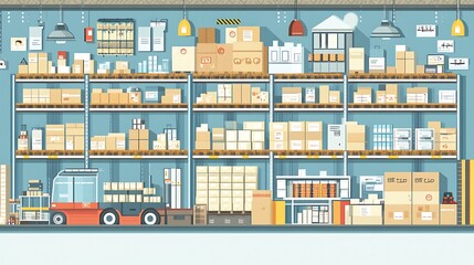 A colorful warehouse scene filled with neatly organized boxes and storage shelves.