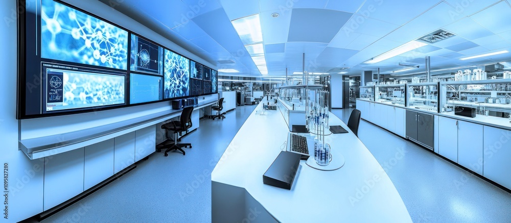 Poster modern scientific laboratory with large monitors displaying research data.