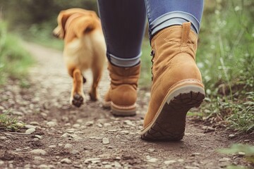 Side view of a woman walking her dog on a dirt path close-up of shoes and paws