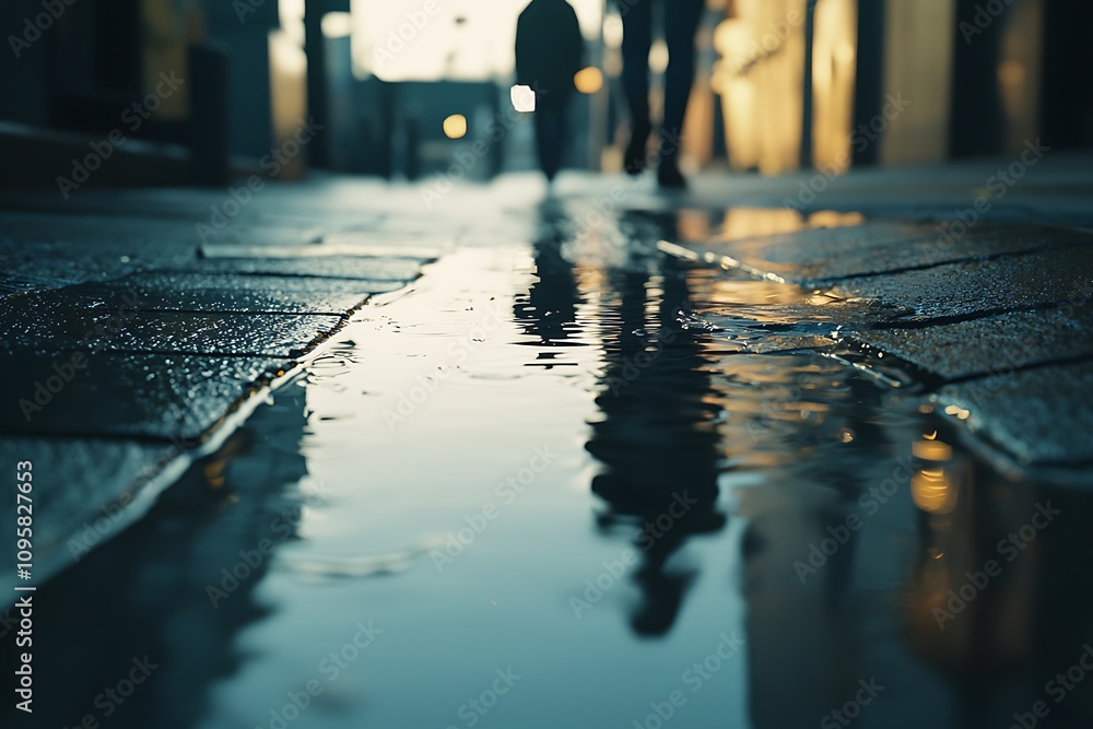 Poster a serene urban scene showing a wet pavement reflecting figures walking by, capturing a moment after 