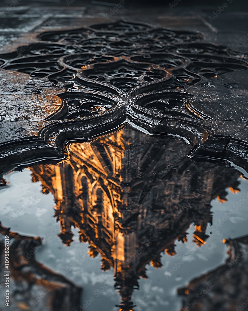 Poster a stunning reflection of ornate architecture is captured in a puddle, showcasing intricate details a