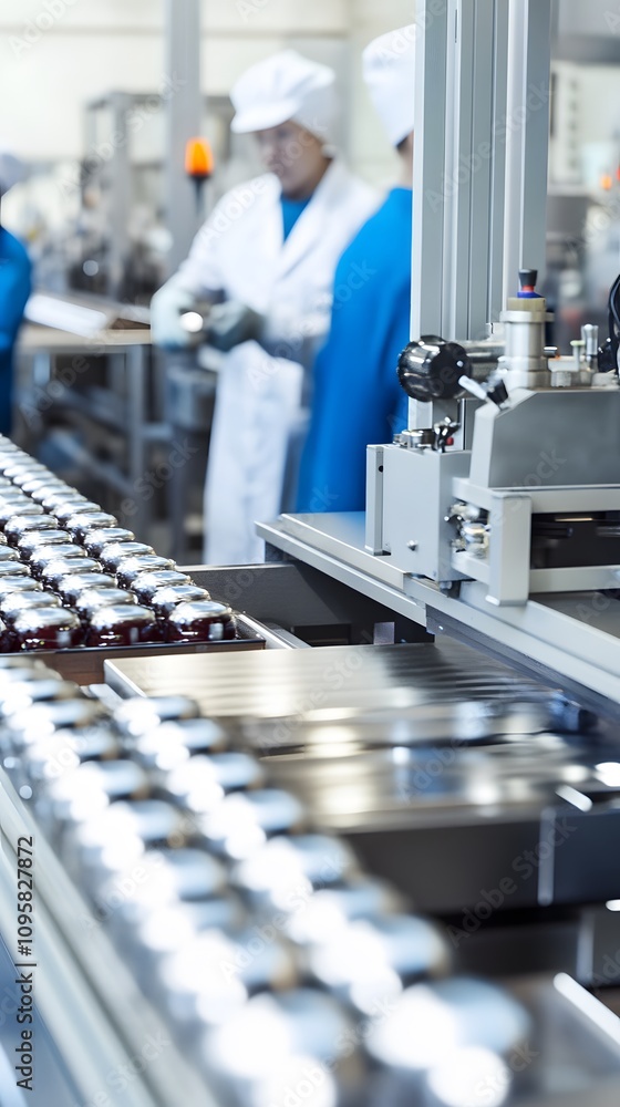 Poster a factory assembly line with workers handling products and machinery.