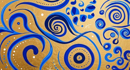 Fototapeta premium Blue Spiral pattern hand drawn design on Gold background illustration