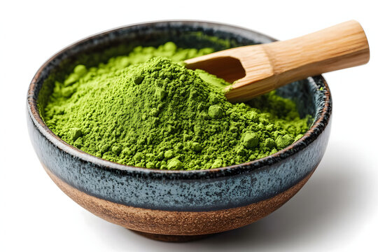 Matcha powder in a porcelain bowl, white background
