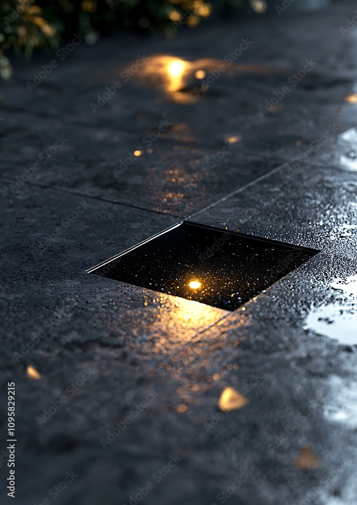 Poster a dark square cutout in a wet stone surface reflects warm light, creating an inviting yet mysterious