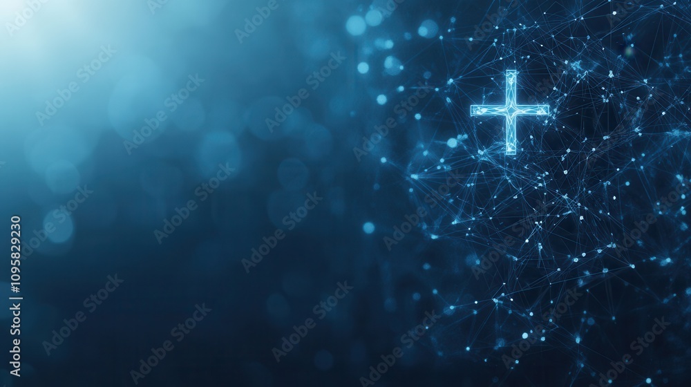 Poster a glowing blue background with a prominent illuminated cross shape, surrounded by sparkling particle