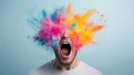 A vibrant explosion of color emerges from a person's head, symbolizing creativity and emotion, with an expressive open-mouth scream.