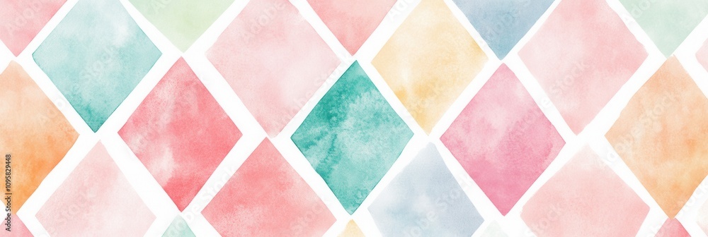 Poster a watercolor pattern featuring colorful diamond shapes in soft pastel tones, creating a playful and 