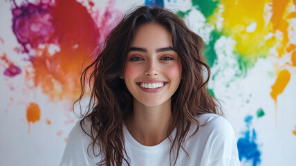 Beautiful woman on rainbow splash paint background