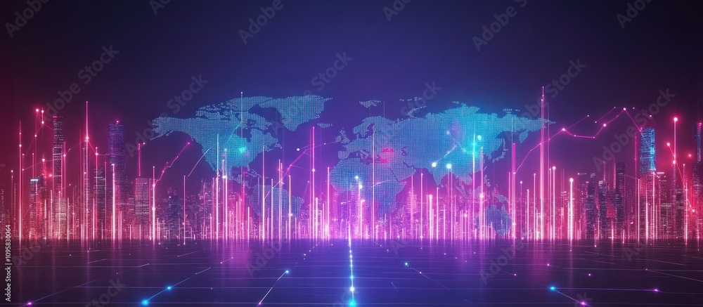 Poster global network, futuristic city skyline with world map and data streams.