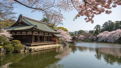 A tranquil pond surrounded by cherry blossom trees in front of a serene Shinto shrine creating a sense of stillness and calm, flowers, cherry blossoms, shinto shrine