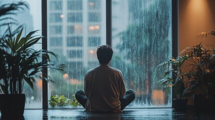 A person sitting by a large window, watching the rain outside, representing the message to stay inside and enjoy a quiet day at home