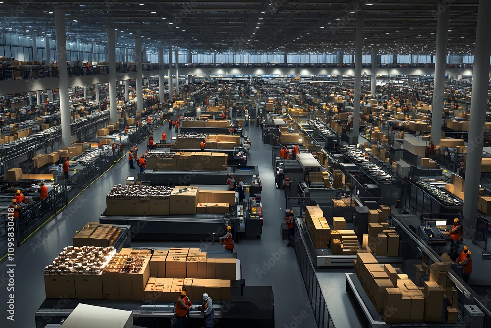 Poster a bustling warehouse filled with workers packing and sorting numerous boxes for distribution.