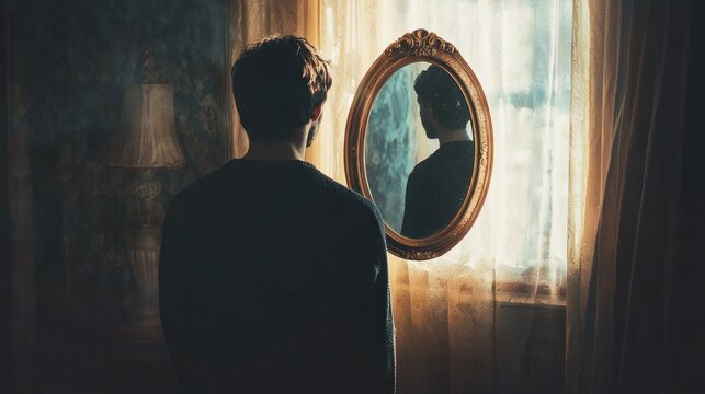 A person standing confidently in front of a mirror, symbolizing the message to stay true to oneself and their beliefs