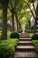Obraz premium Relax in an urban oasis featuring tall trees and perfectly manicured greenery.