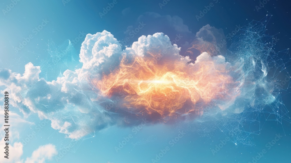 Poster visualizing cloud computing networks floating digital data centers with ethereal connectivity patter