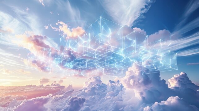 Visualizing cloud computing networks in ethereal environments floating digital data centers and connectivity patterns in soft pastel colors