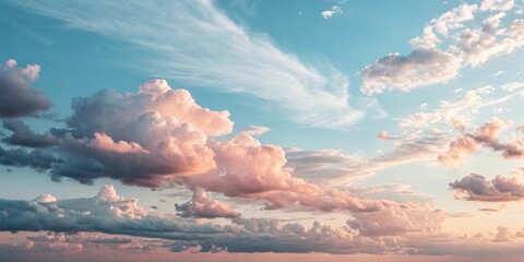 delicate clouds in soft pink and peach tones against a light blue background, soft focus, cloud formations, soft pastels, pale pink, light blue background