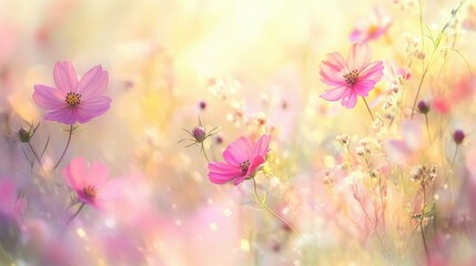 Delicate pink flowers in soft sunlight. AI.