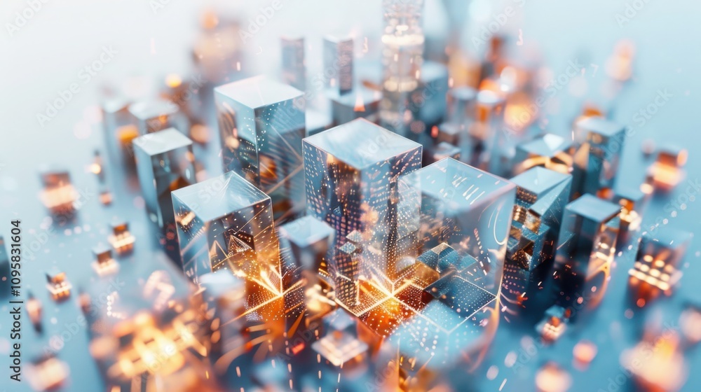 Poster exploring cybernetic urban ecosystem a futuristic city visualization of interconnected geometric bui