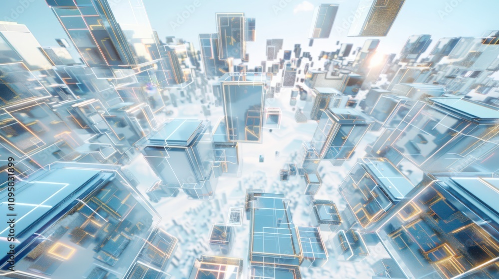 Poster exploring a cybernetic urban ecosystem futuristic city visualization of interconnected geometric bui