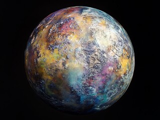 Colorful, textured sphere against black background.