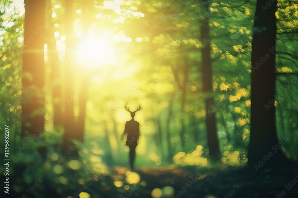 Poster sunlight filters through a forest. ai.