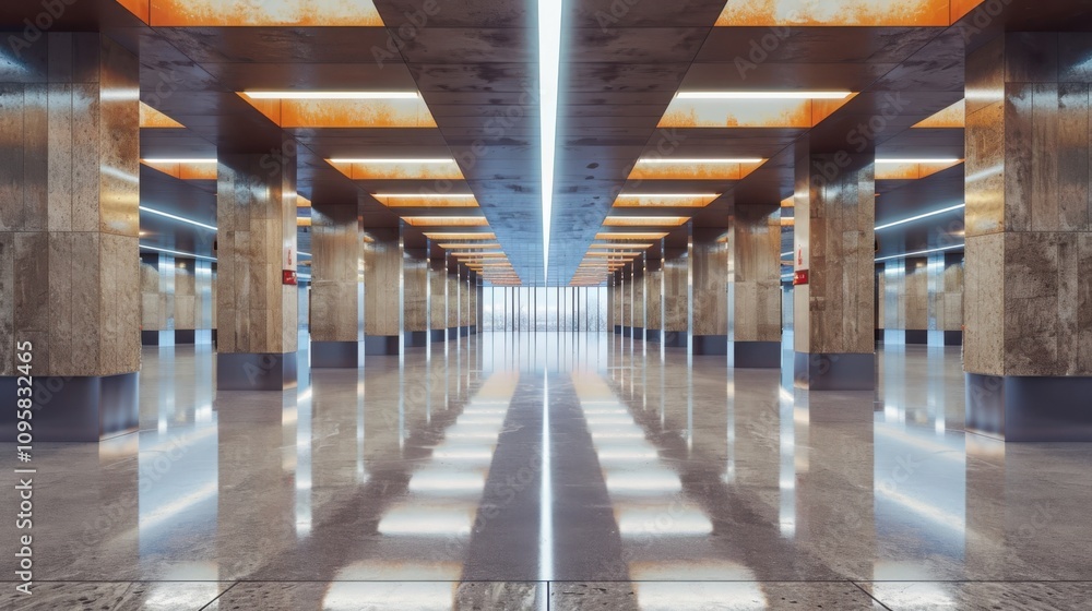 Poster exploring the serenity of an empty modern subway station with polished floors and symmetrical pillar