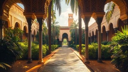Fototapeta premium Open courtyard with palm trees, lush greenery around a grand mosque, sunlit arches 