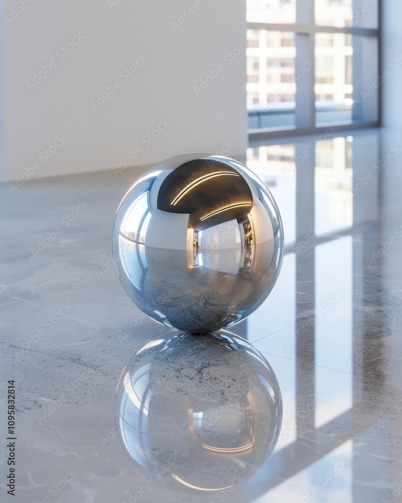 Poster floating metallic sphere casting perfect reflections in a white minimalistic void ultrarealistic aes