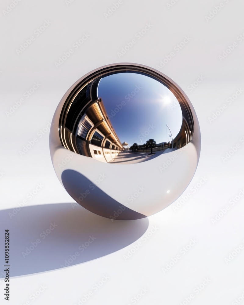 Poster floating metallic sphere casting perfect reflections in a white minimalistic void ultrarealistic art