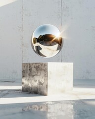 Floating metallic sphere casting perfect reflections in a white minimalistic void ultrarealistic artistic ing