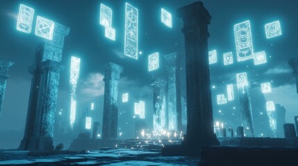 Glowing runes and cards float above ancient stone ruins at night.