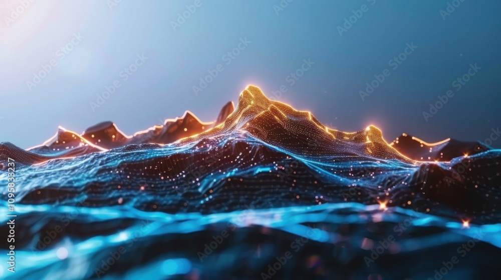 Poster visualizing a futuristic digital network glowing interconnected nodes in deep blue and electric cyan