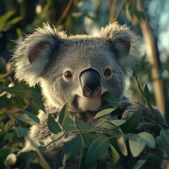 Obraz premium A close-up of a koala gently munching on eucalyptus leaves, its soft fur and calm demeanor creating a sense of tranquility.