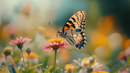 Obraz premium A butterfly fluttering over a field of wildflowers, its wings a kaleidoscope of colors, softly landing on a vibrant bloom.