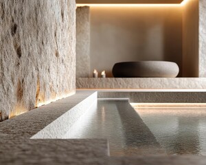 Modern spa featuring smooth stone walls and diffused light