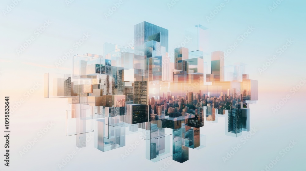 Poster futuristic urban perspective geometric city skyline with floating modular structures in soft pastel 