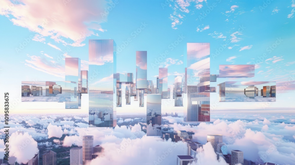 Poster floating modular buildings in a futuristic city skyline a soft pastel perspective on impossible arch