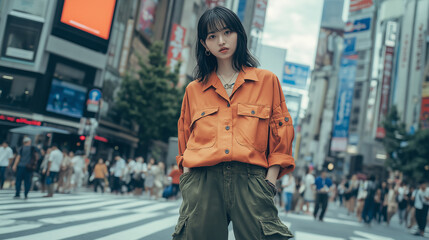 Fototapeta premium Japanese model in oversized shirt and cargo pants, standing at Shibuya crossing during rush hour - Vibrant city energy