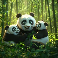 Naklejka premium A family of pandas playing in a bamboo forest, their soft fur contrasting with the vibrant green surroundings, capturing their playful nature.