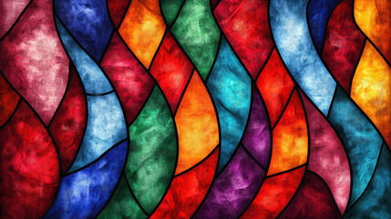 Vibrant stained glass art featuring colorful swirling patterns in red, blue, green, and orange. This artwork creates lively and dynamic visual experience